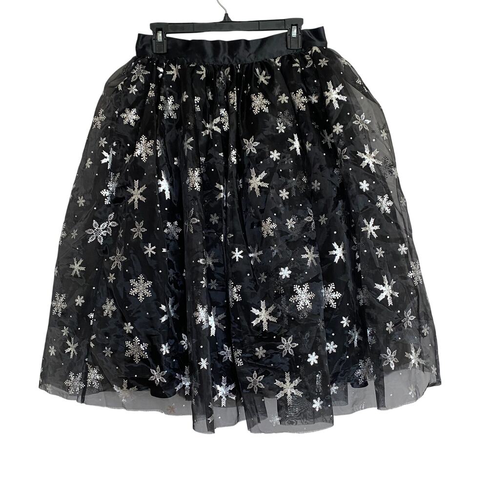 Unique Vintage BlackTulle Skirt with Snowflakes Silver Print - Size Large 10/12 - Picture 4 of 7